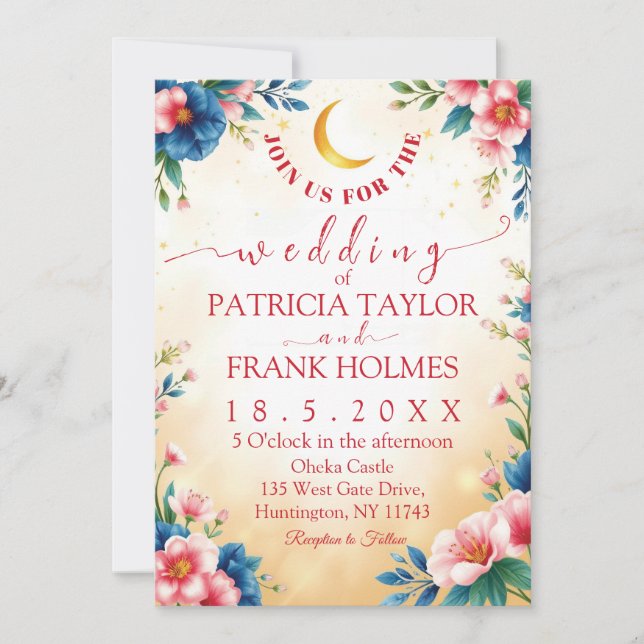 Romantic Moon & Floral Custom Wedding Invitation (Front)
