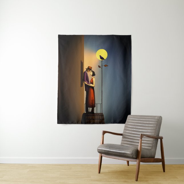 Romantic Moonlight Balcony – Vintage Noir Love Tapestry (In Situ)