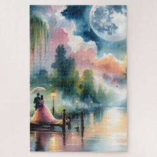 Romantic Moonlight Watercolor Night Scene Jigsaw Puzzle