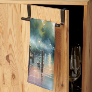 Romantic Moonlight Watercolor Night Scene Kitchen Towel