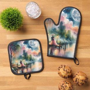 Romantic Moonlight Watercolor Night Scene Oven Mitt & Pot Holder Set