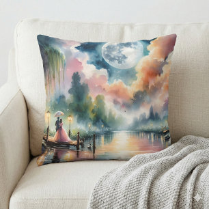 Romantic Moonlight Watercolor Night Scene Throw Pillow