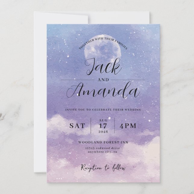Romantic moonlight Watercolor wedding invitations (Front)