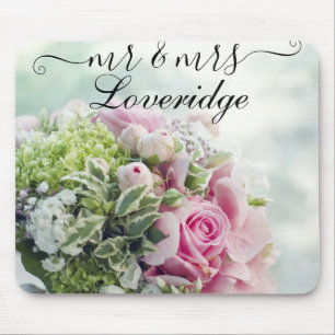 Romantic Mr. & Mrs. Pink Rose Floral Wedding Mouse Pad