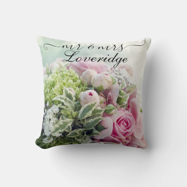 Romantic Mr. & Mrs. Pink Rose Floral Wedding Throw Pillow (Front)