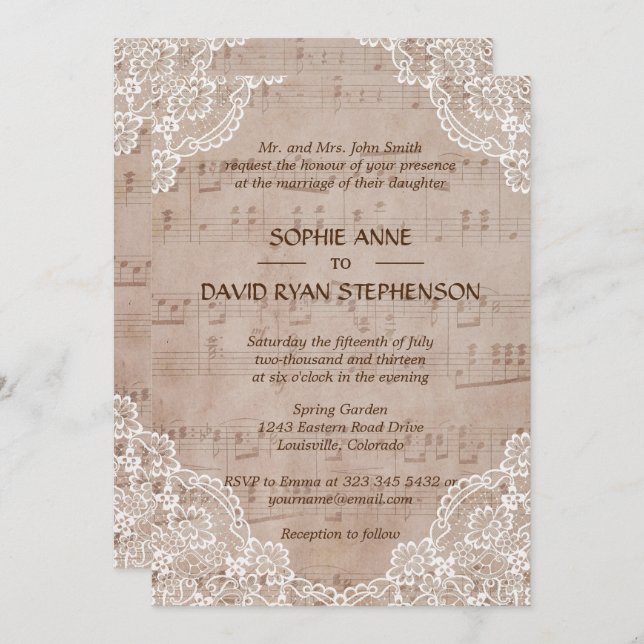 Romantic Music Sheet And Lace Wedding Invitation (Front/Back)