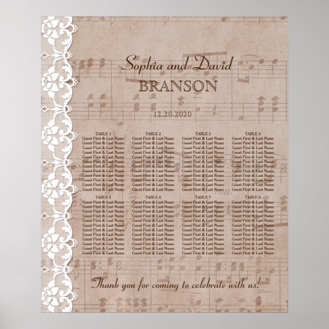 Romantic Music Sheet & Lace Wedding Seating Chart (Front)