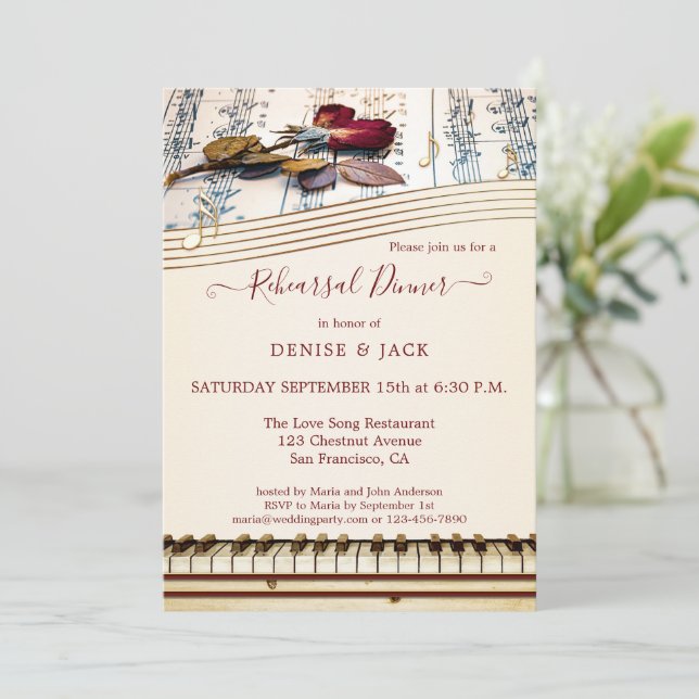 Romantic Music Themed Rehearsal Dinner Invitation (Standing Front)