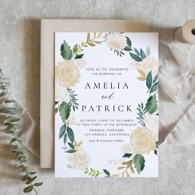Romantic Muted Cream Floral Wreath Wedding Invitation (Romantic wedding invitation with ivory floral wreath, greenery, and faux gold foil accents.)