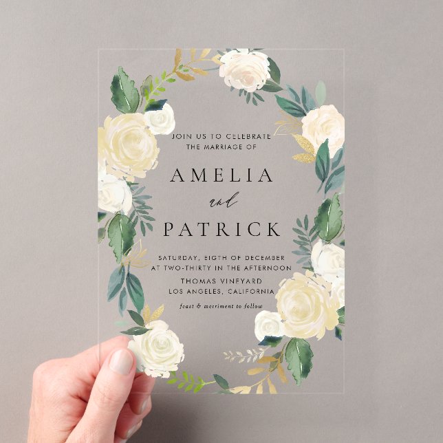 Romantic Muted Floral Wreath with Greenery Wedding Acrylic Invitations (Insitu (Handheld))