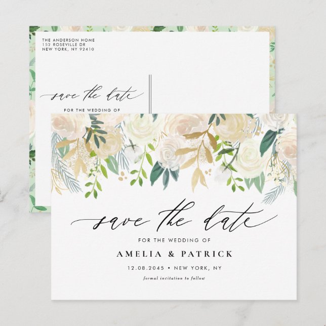 Romantic Muted Ivory Flowers Wedding Save the Date Announcement Postcard (Front/Back)