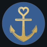 Romantic Nautical Heart Anchor Classic Round Sticker<br><div class="desc">Gold faux foil anchor with a heart at the top on a simple sticker perfect for nautical or cruise wedding invitation seals or favour labels. Click CUSTOMIZE FURTHER to change the background colour to coordinate with your celebration,  or to add text.</div>