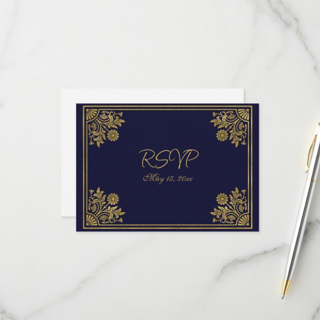 Romantic Navy and Gold Frame   RSVP Card (Front/Back In Situ)