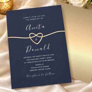 Romantic Navy and Gold Rope Heart Wedding Invitation