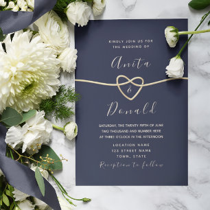 Romantic Navy and Gold Rope Heart  Wedding Invitation