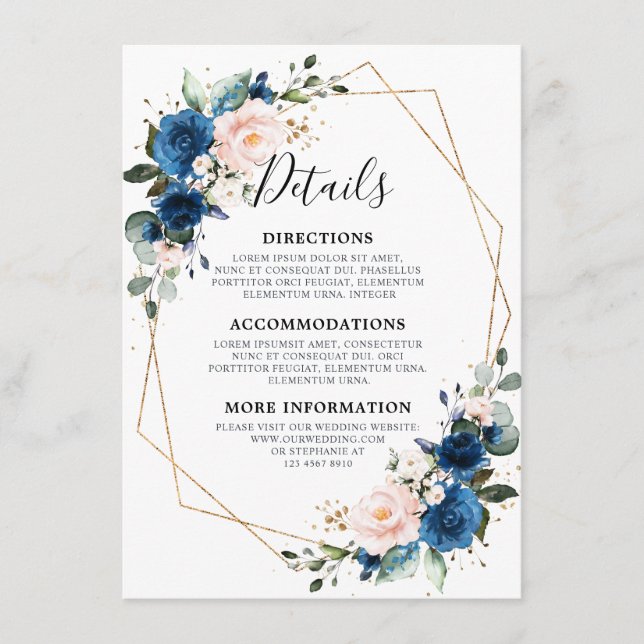 Romantic Navy Blue Blush Floral Geometric Wedding Enclosure Card (Front)