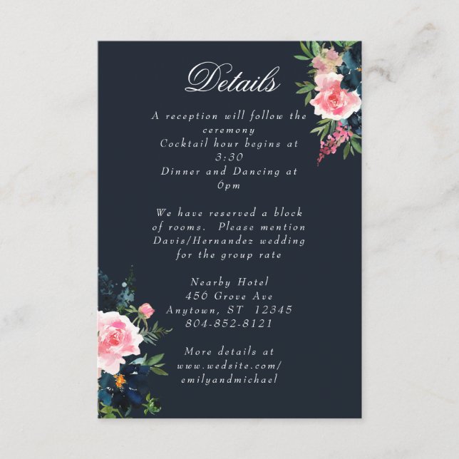 Romantic Navy Blue Blush Pink Floral Enclosure Card (Front)