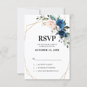 Romantic Navy blue Blush Pink Floral Geometric RSVP Card