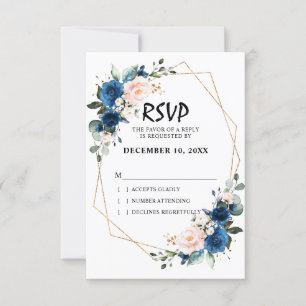 Romantic Navy blue Blush Pink Floral Geometric RSVP Card