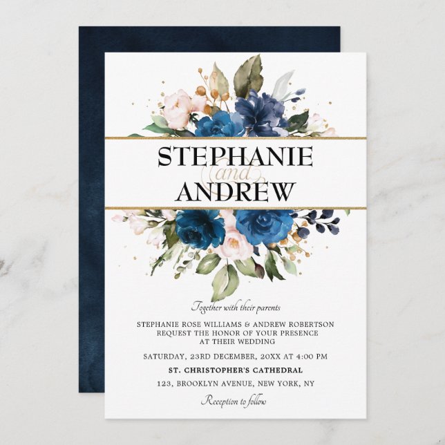 Romantic Navy Blue Blush Rose Floral Wedding Invitation (Front/Back)