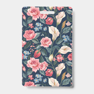 Romantic Navy Blue Floral Garden Pattern Badge