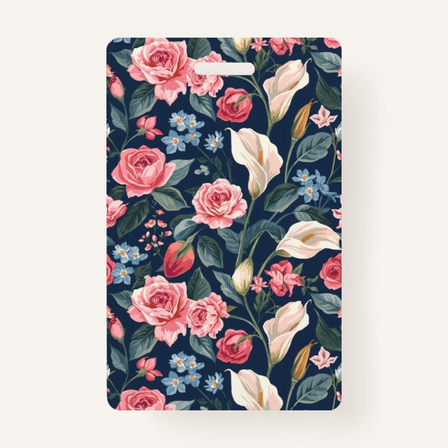 Romantic Navy Blue Floral Garden Pattern Badge (Front)