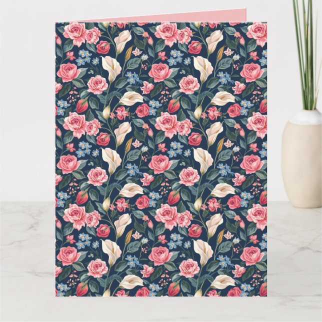 Romantic Navy Blue Floral Garden Pattern Card (Front)