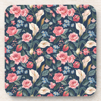 Romantic Navy Blue Floral Garden Pattern Coaster