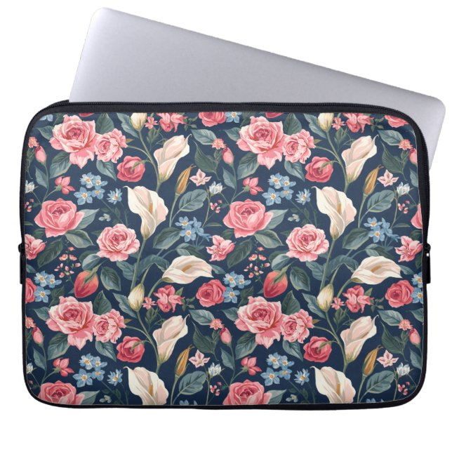 Romantic Navy Blue Floral Garden Pattern Laptop Sleeve (Front)