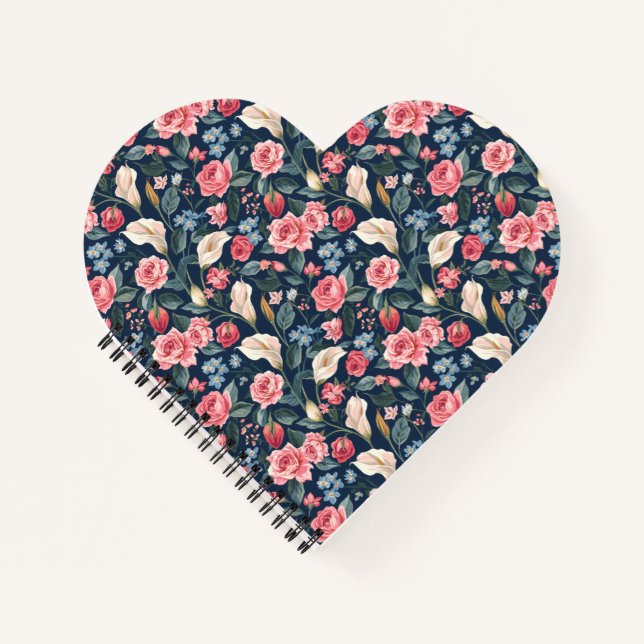 Romantic Navy Blue Floral Garden Pattern Notebook (Front)