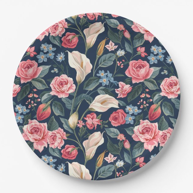 Romantic Navy Blue Floral Garden Pattern Paper Plate (Front)