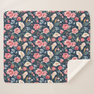 Romantic Navy Blue Floral Garden Pattern Sherpa Blanket