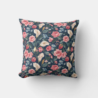 Romantic Navy Blue Floral Garden Pattern Throw Pillow