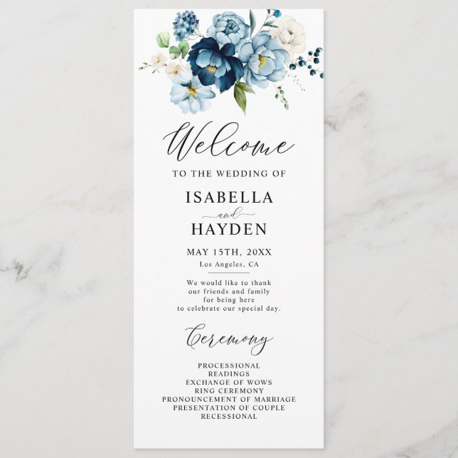 Romantic Navy Blue Floral Wedding Flat Program (Front)