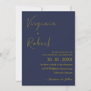 Romantic Navy Blue   Minimalist Script Wedding Invitation