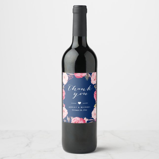 Romantic Navy Blue Pink Rose Floral Thank You Wine Label (Front)