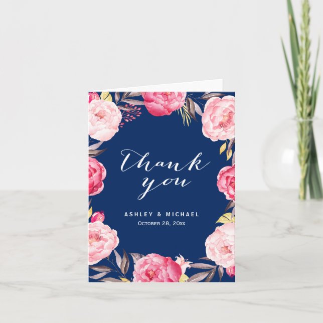 Romantic Navy Blue Pink Rose Flowers Thank You (Front)