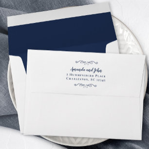 Romantic Navy Blue Script Return Address Wedding Envelope