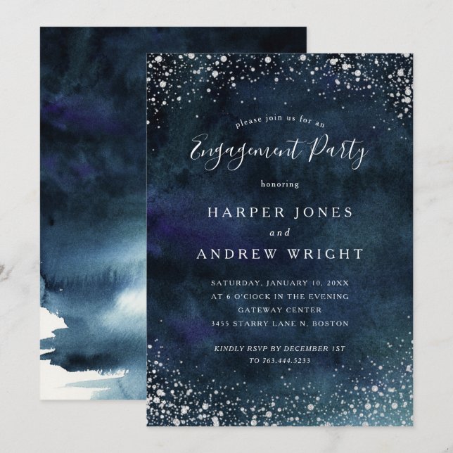 Romantic Navy Blue Silver Engagement Party Invitation (Front/Back)
