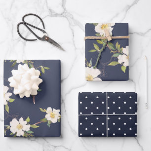 Romantic Navy Blue White Floral Bridal Shower Wrapping Paper Sheet