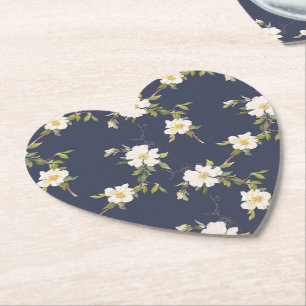 Romantic Navy Blue White Floral Wedding Paper Coaster
