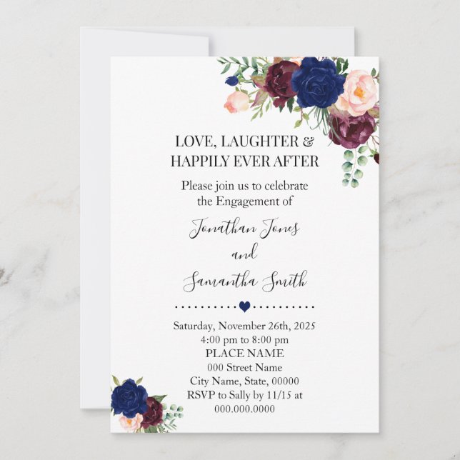 Romantic Navy Burgudy floral boho chic engagement Invitation (Front)