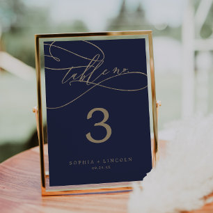 Romantic Navy Calligraphy Flourish Table Number