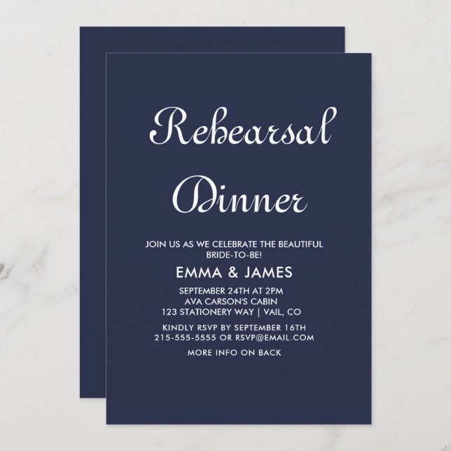Romantic Navy Calligraphy Rehearsal Dinner  Invitation (Front/Back)