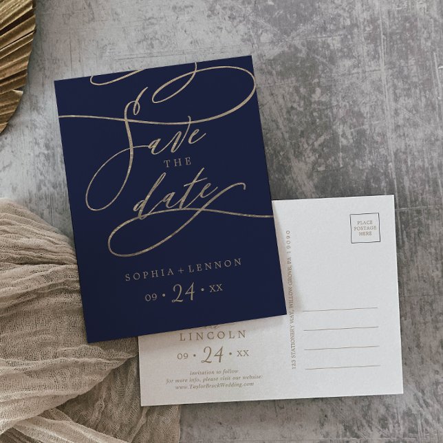 Romantic Navy Calligraphy Save the Date Postcard (Creator Uploaded)
