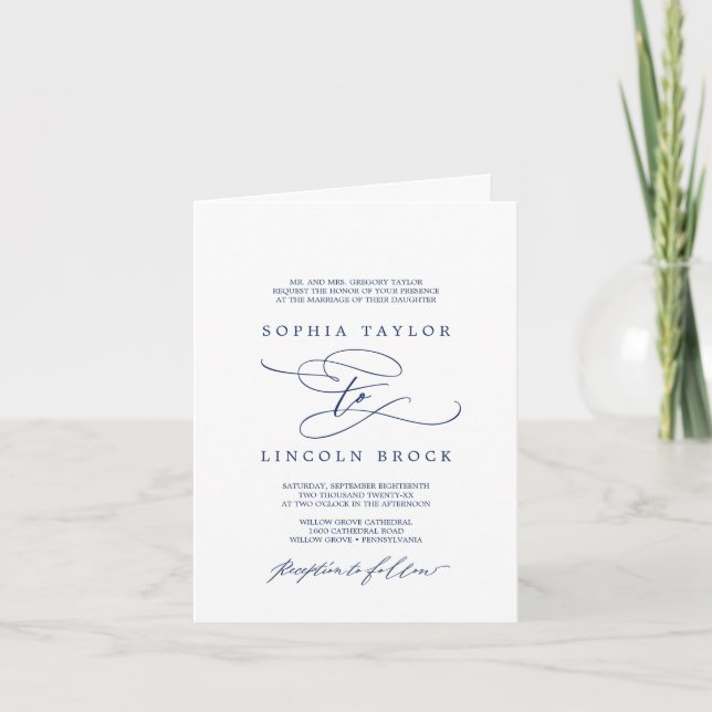 Romantic Navy Calligraphy Wedding Invitation (Front)