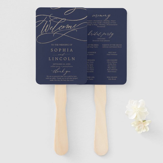 Romantic Navy Calligraphy Wedding Program Fan (Front and Back)