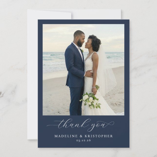 Romantic Navy Elegant Photo Thank You Card (Front)