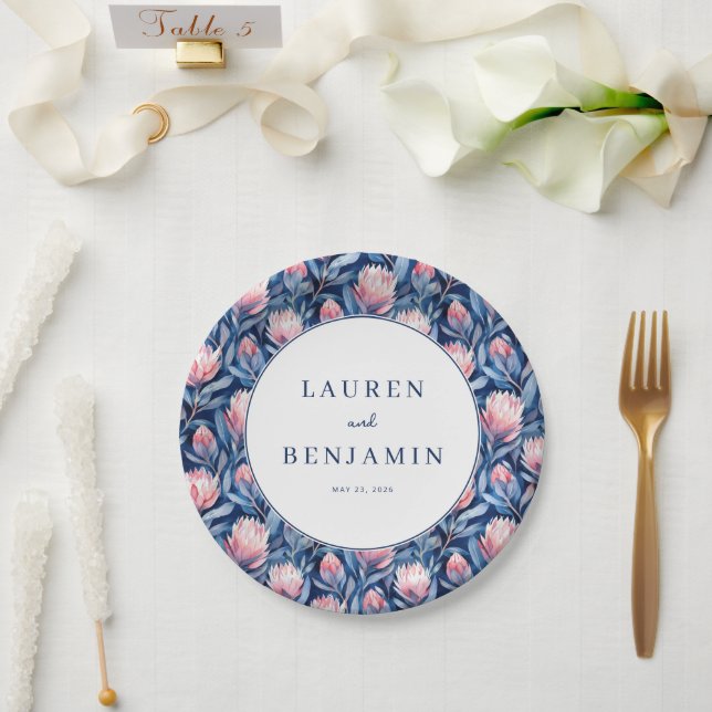 Romantic Navy Floral Watercolor Paper Plate (Wedding)