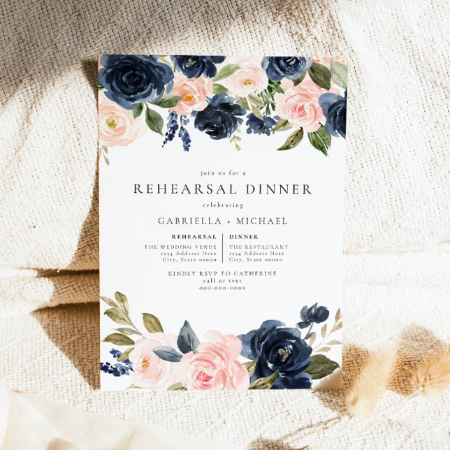 Romantic Navy Floral Wedding Rehearsal Dinner Invitation (Creator Uploaded)